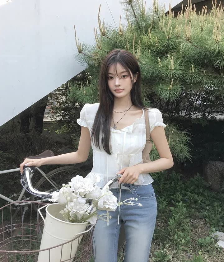 재고 있음 chic 한 부서 여름 프랑스식 달콤함 연령 감소 부드러운 프릴 주름 장식 허리 수축 반팔 쉬폰 셔츠 상세 이미지 12