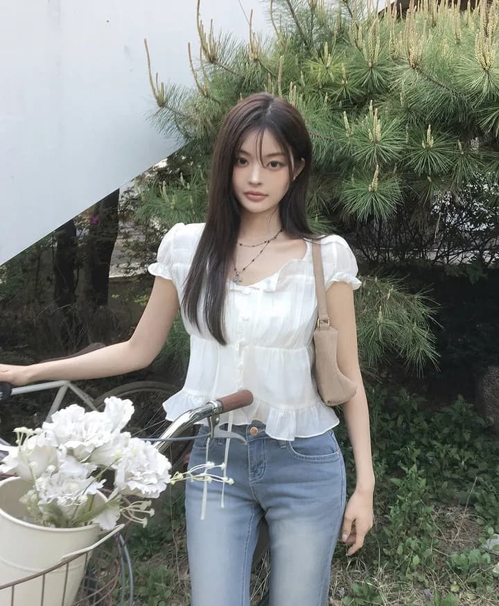 재고 있음 chic 한 부서 여름 프랑스식 달콤함 연령 감소 부드러운 프릴 주름 장식 허리 수축 반팔 쉬폰 셔츠 상세 이미지 13
