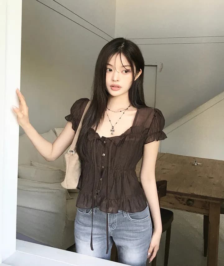 재고 있음 chic 한 부서 여름 프랑스식 달콤함 연령 감소 부드러운 프릴 주름 장식 허리 수축 반팔 쉬폰 셔츠 상세 이미지 14