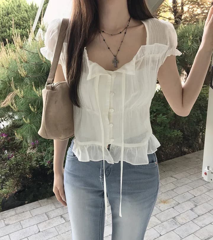 재고 있음 chic 한 부서 여름 프랑스식 달콤함 연령 감소 부드러운 프릴 주름 장식 허리 수축 반팔 쉬폰 셔츠 상세 이미지 15