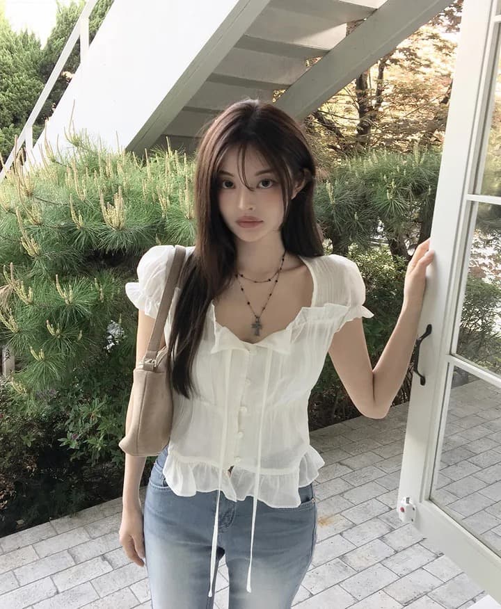 재고 있음 chic 한 부서 여름 프랑스식 달콤함 연령 감소 부드러운 프릴 주름 장식 허리 수축 반팔 쉬폰 셔츠 상세 이미지 16