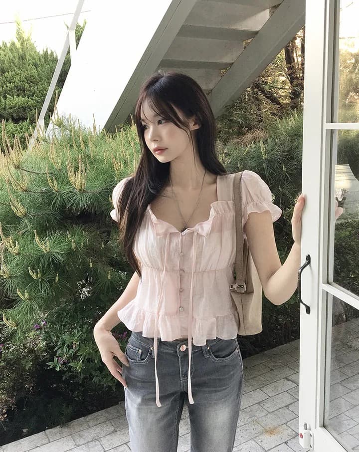 재고 있음 chic 한 부서 여름 프랑스식 달콤함 연령 감소 부드러운 프릴 주름 장식 허리 수축 반팔 쉬폰 셔츠 상세 이미지 22
