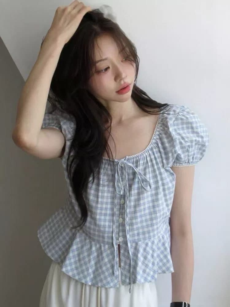 재고 있음 chic 달콤함 체크무늬 레이스업 반팔 광장 칼라 셔츠 이미지 3