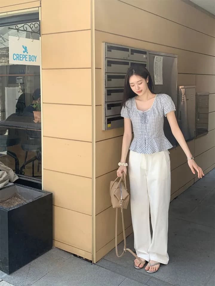 재고 있음 chic 달콤함 체크무늬 레이스업 반팔 광장 칼라 셔츠 상세 이미지 17