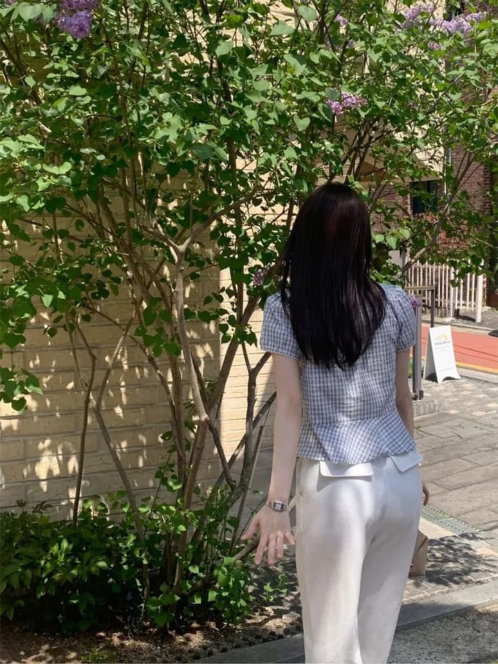 재고 있음 chic 달콤함 체크무늬 레이스업 반팔 광장 칼라 셔츠 상세 이미지 18