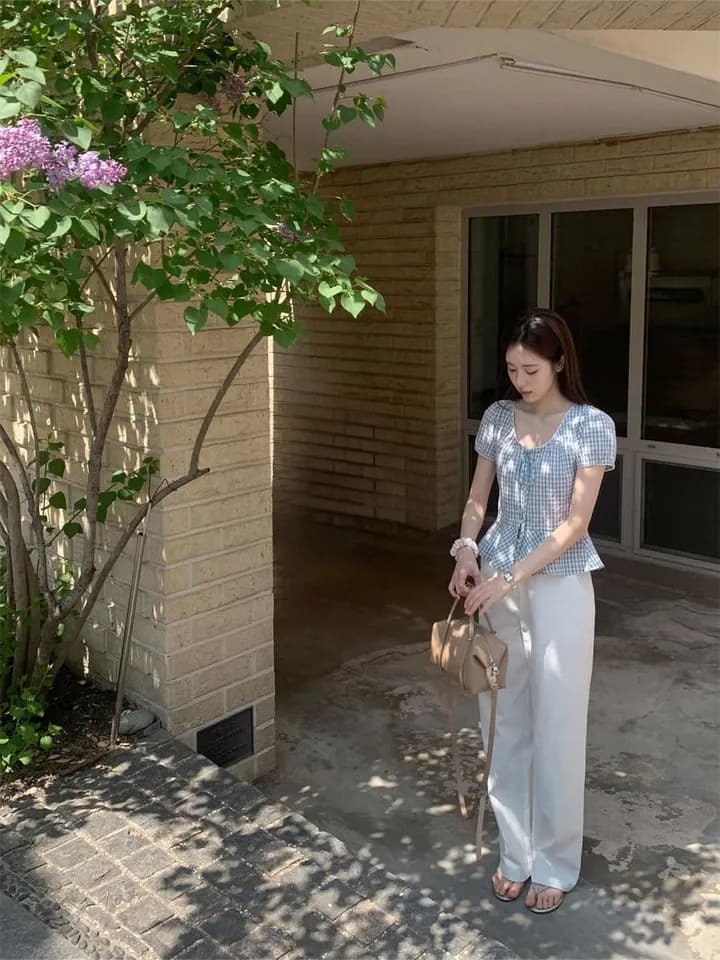 재고 있음 chic 달콤함 체크무늬 레이스업 반팔 광장 칼라 셔츠 상세 이미지 20