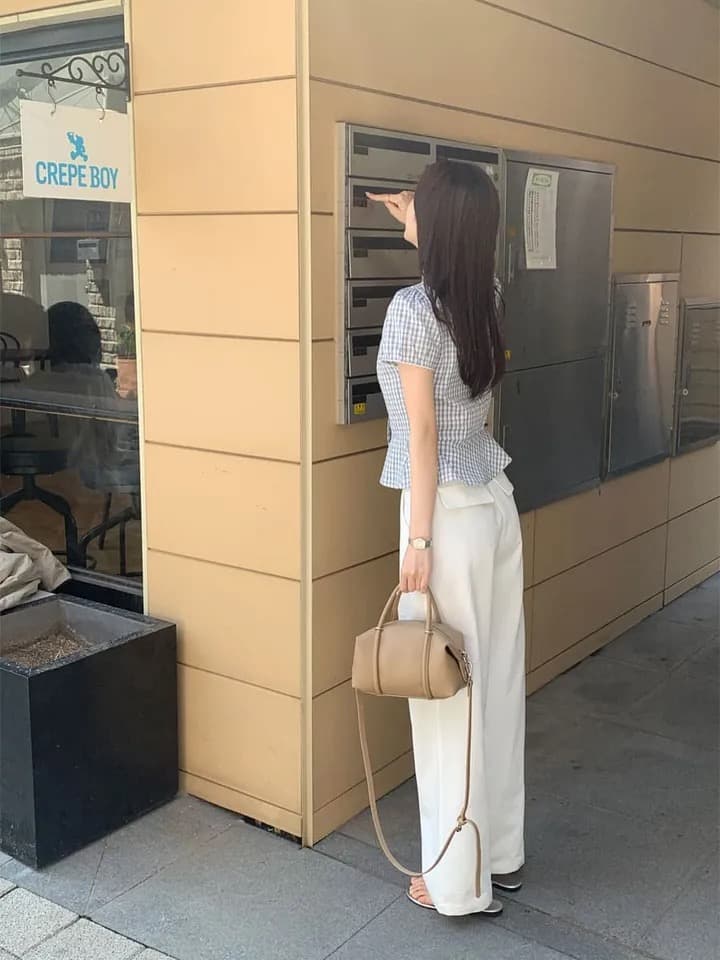 재고 있음 chic 달콤함 체크무늬 레이스업 반팔 광장 칼라 셔츠 상세 이미지 24
