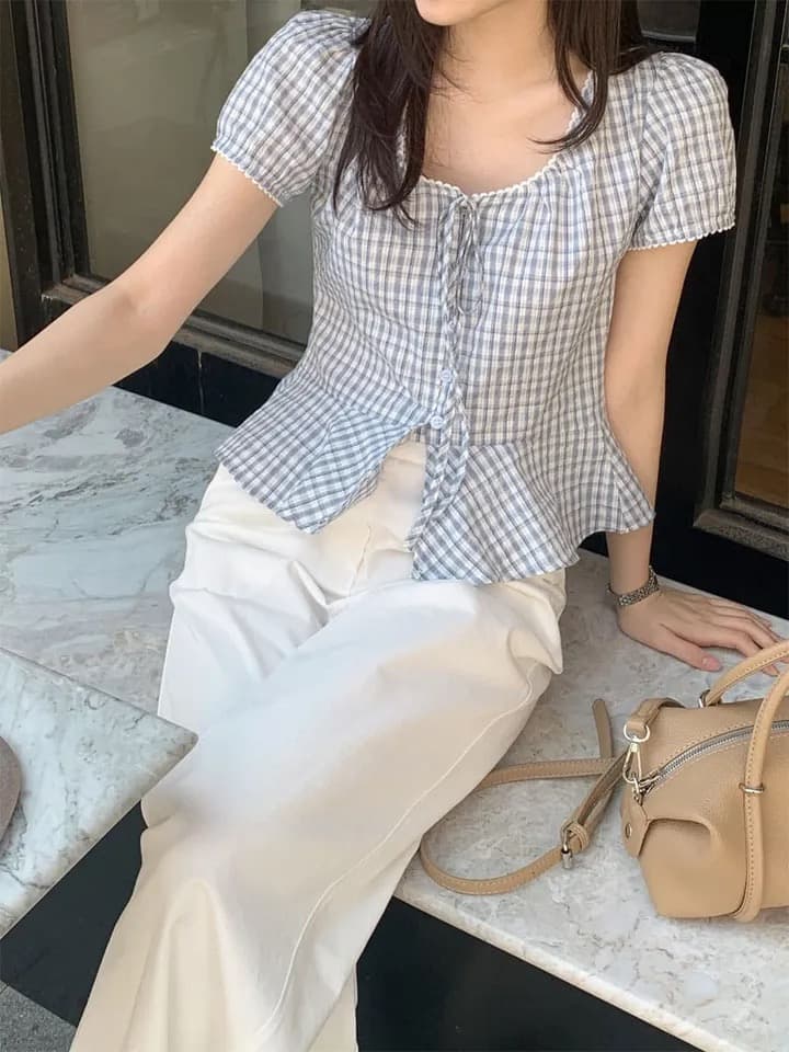 재고 있음 chic 달콤함 체크무늬 레이스업 반팔 광장 칼라 셔츠 상세 이미지 25