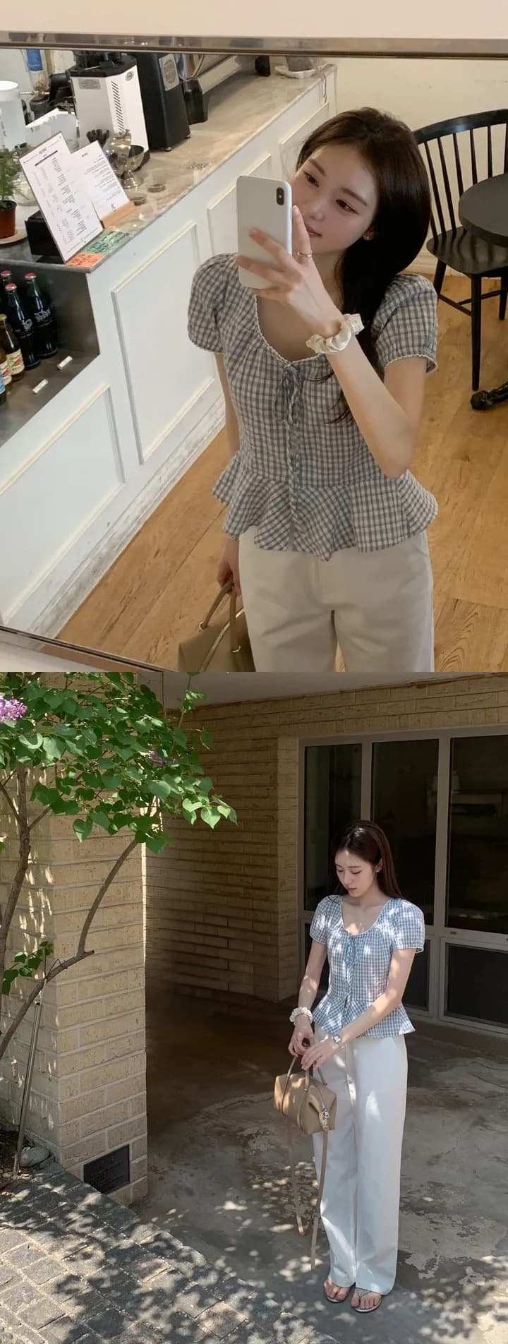 재고 있음 chic 달콤함 체크무늬 레이스업 반팔 광장 칼라 셔츠 상세 이미지 33