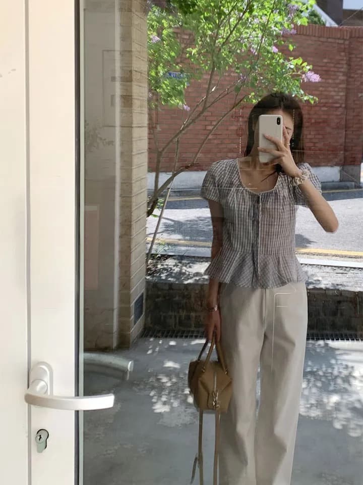 재고 있음 chic 달콤함 체크무늬 레이스업 반팔 광장 칼라 셔츠 상세 이미지 35
