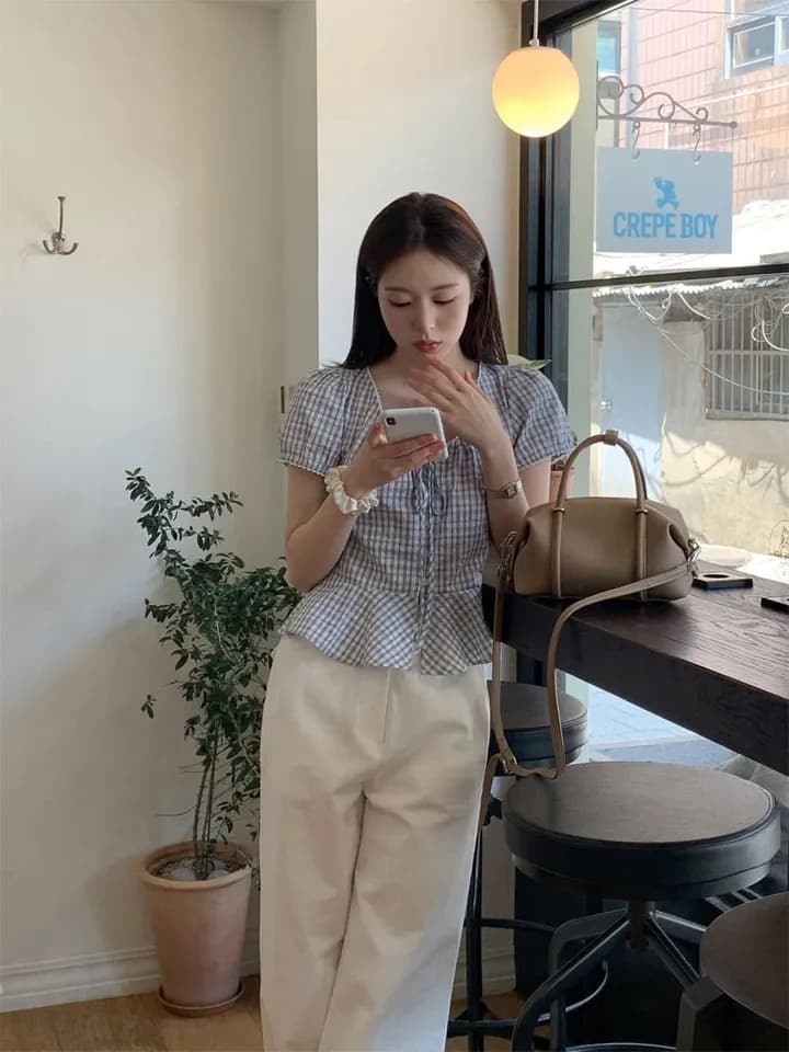 재고 있음 chic 달콤함 체크무늬 레이스업 반팔 광장 칼라 셔츠 상세 이미지 41
