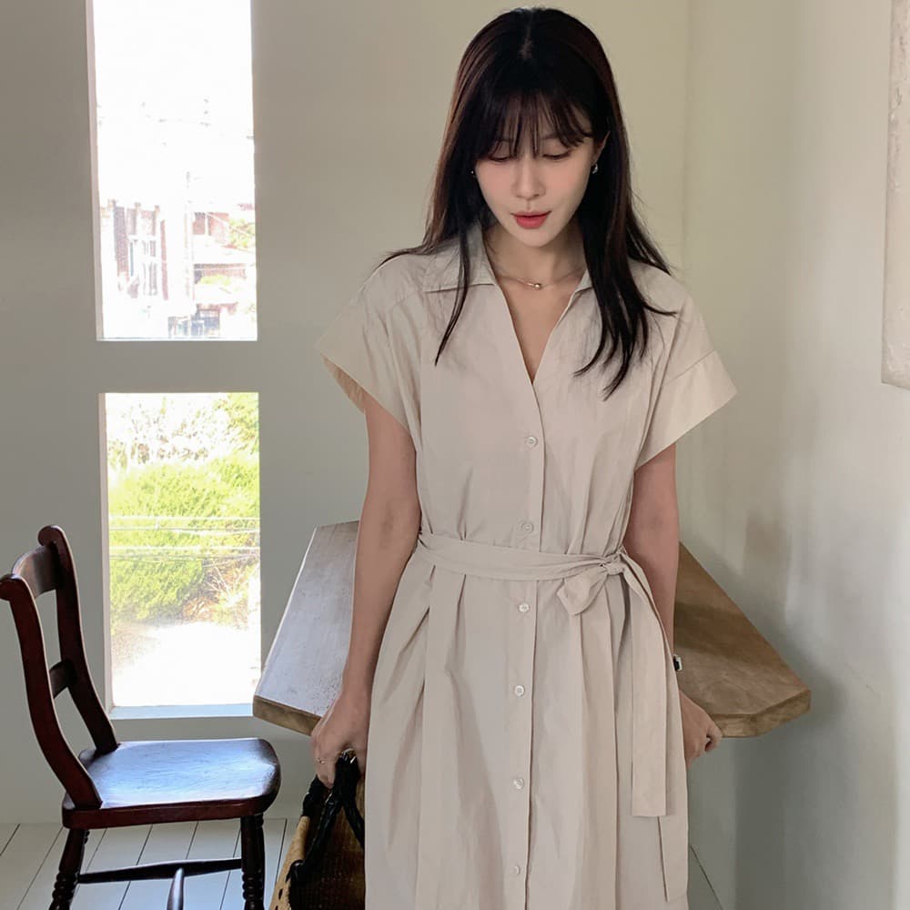 재고 있음 chic 프랑스식 품격 폴로 칼라 싱글 줄 버튼 루즈핏 스트랩 허리 수축 슬림해 보이는 셔츠 드레스 상세 이미지 2