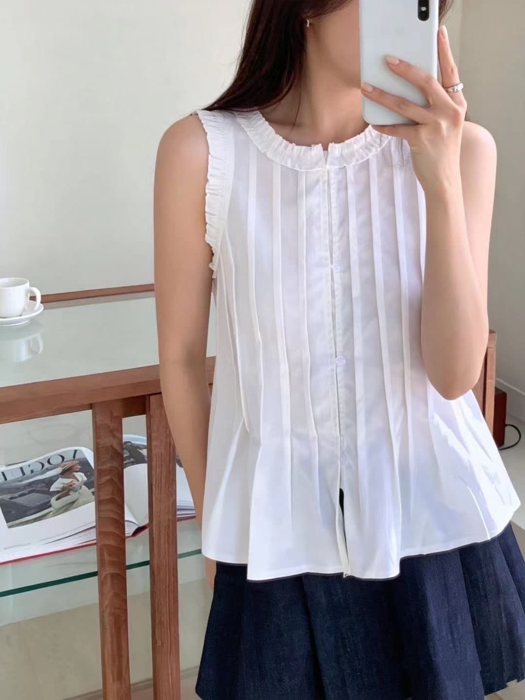 있음 선적 chic 여름 다용도 화이트 레이스 민소매 작은 셔츠 레트로 플리츠 셔츠 이미지 3