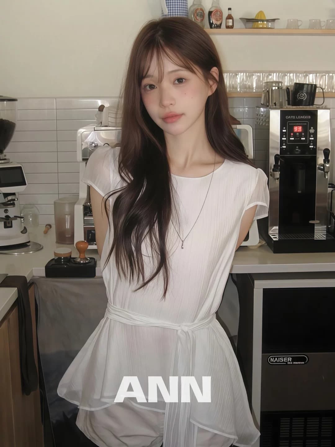 재고 있음 chic 동대문 새로운 미니멀리즘 불규칙 허리 수축 슬림해 보이는 라운드 넥 쉬폰 블라우스 상세 이미지 4