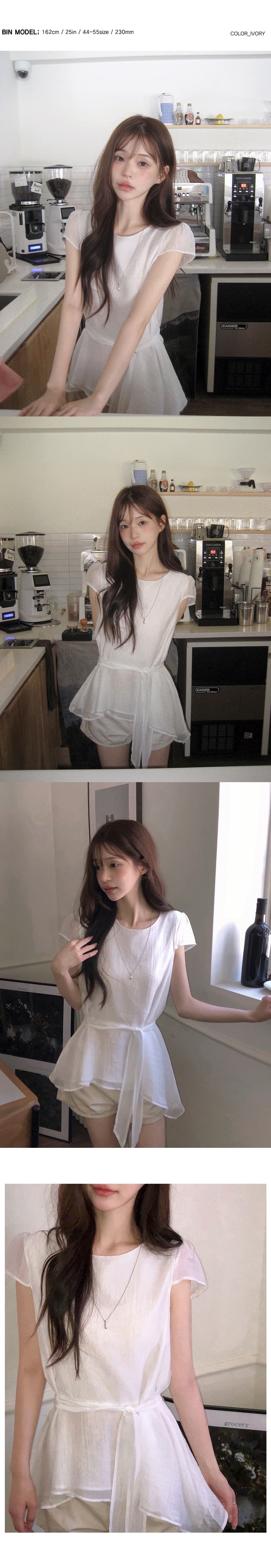 재고 있음 chic 동대문 새로운 미니멀리즘 불규칙 허리 수축 슬림해 보이는 라운드 넥 쉬폰 블라우스 상세 이미지 7