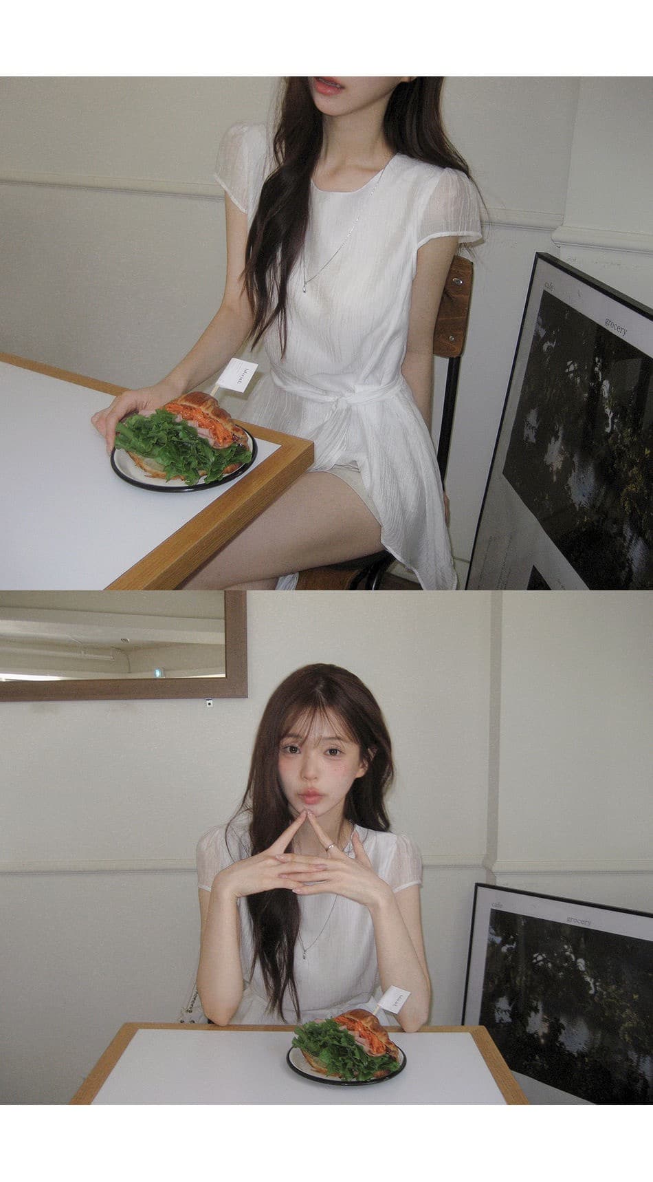 재고 있음 chic 동대문 새로운 미니멀리즘 불규칙 허리 수축 슬림해 보이는 라운드 넥 쉬폰 블라우스 상세 이미지 10