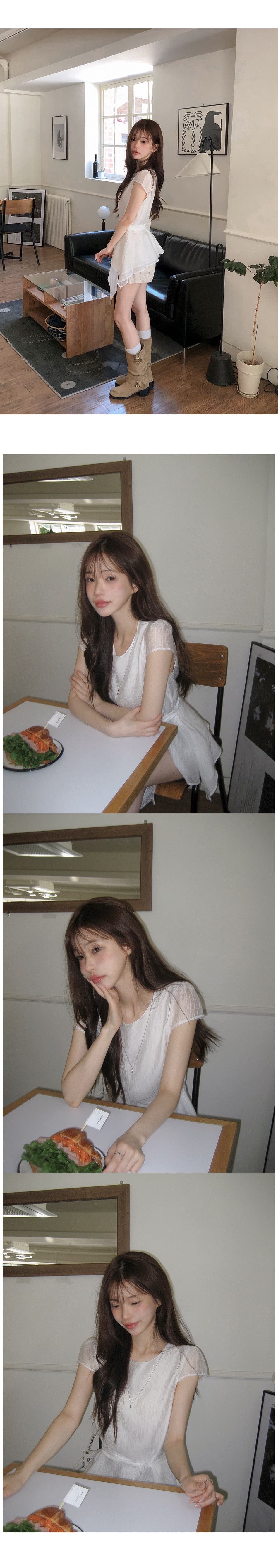 재고 있음 chic 동대문 새로운 미니멀리즘 불규칙 허리 수축 슬림해 보이는 라운드 넥 쉬폰 블라우스 상세 이미지 11