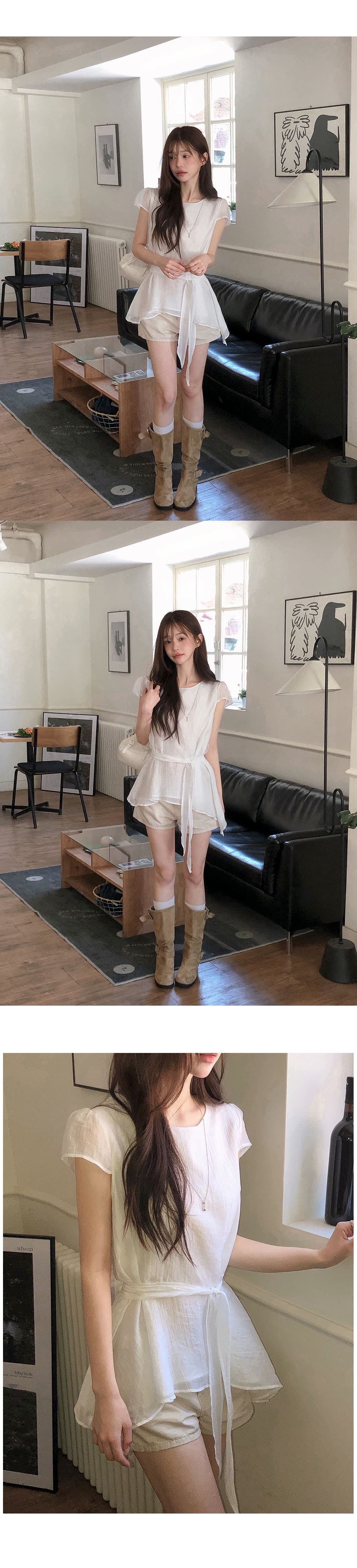재고 있음 chic 동대문 새로운 미니멀리즘 불규칙 허리 수축 슬림해 보이는 라운드 넥 쉬폰 블라우스 상세 이미지 12