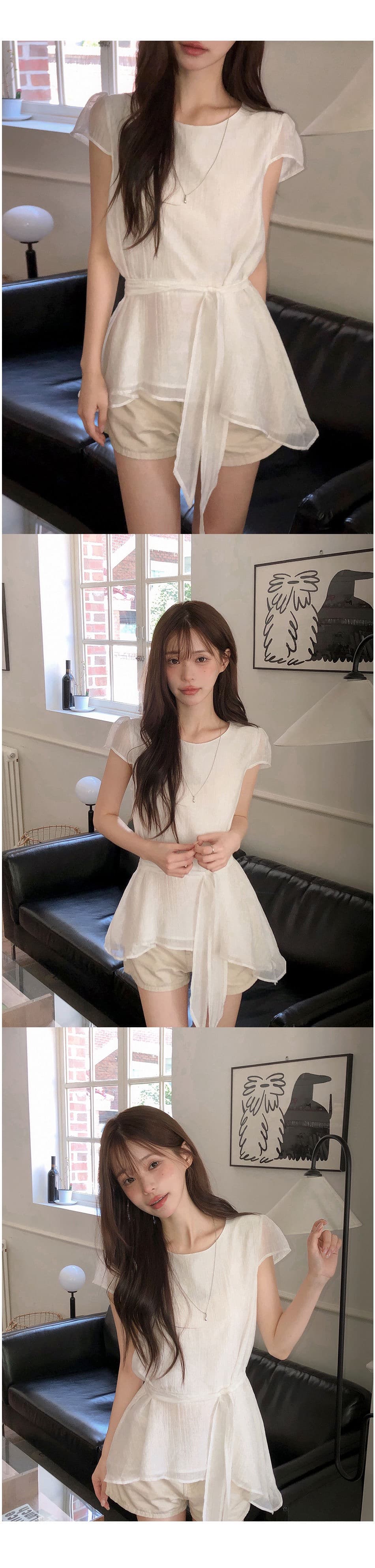 재고 있음 chic 동대문 새로운 미니멀리즘 불규칙 허리 수축 슬림해 보이는 라운드 넥 쉬폰 블라우스 상세 이미지 13