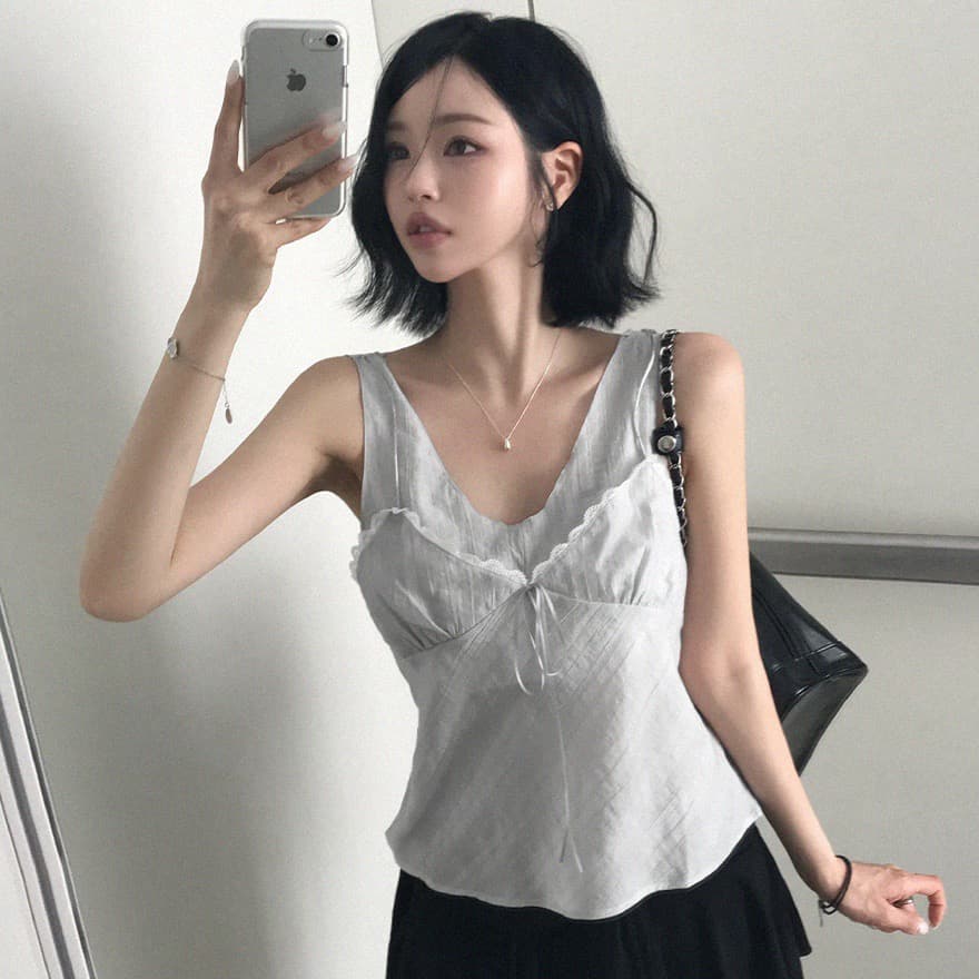 재고 있음 chic 섹시함 인사이드 설정 개체 주름 질감 캐미솔 상세 이미지 2