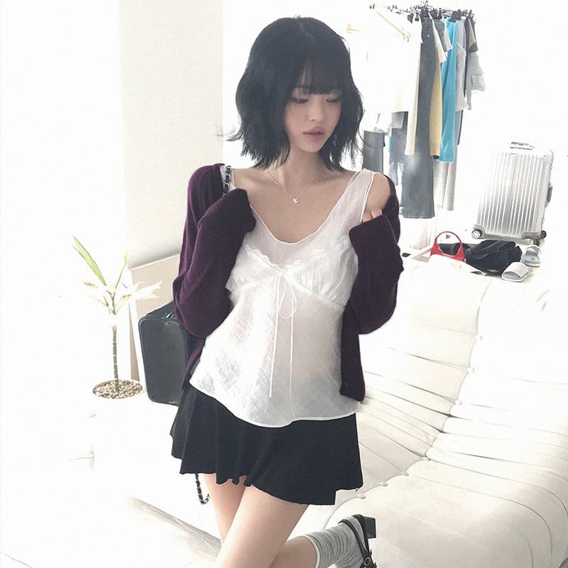 재고 있음 chic 섹시함 인사이드 설정 개체 주름 질감 캐미솔 상세 이미지 6