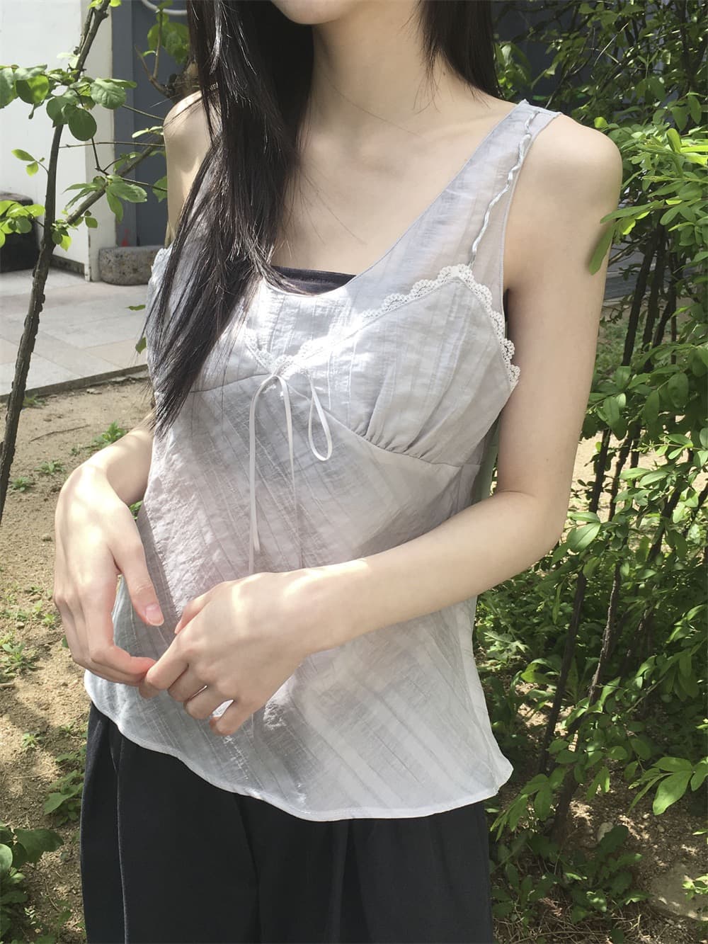 재고 있음 한 부서 순수한 욕망 바람 레이스 레이스 캐미솔 프랑스식 품격 작은 대중 빛 ~을 통해 레이스업 페이크 레이어드 상세 이미지 2