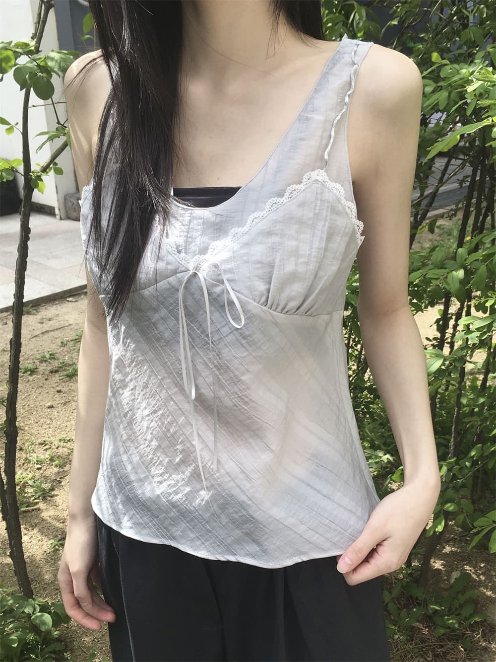 재고 있음 한 부서 순수한 욕망 바람 레이스 레이스 캐미솔 프랑스식 품격 작은 대중 빛 ~을 통해 레이스업 페이크 레이어드 상세 이미지 6
