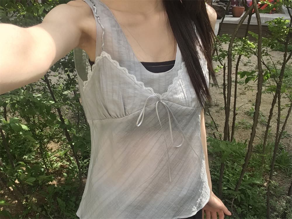 재고 있음 한 부서 순수한 욕망 바람 레이스 레이스 캐미솔 프랑스식 품격 작은 대중 빛 ~을 통해 레이스업 페이크 레이어드 상세 이미지 7