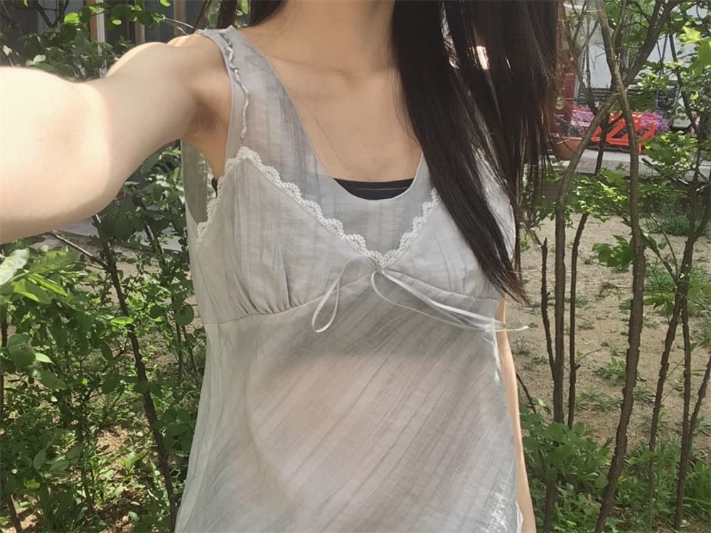 재고 있음 한 부서 순수한 욕망 바람 레이스 레이스 캐미솔 프랑스식 품격 작은 대중 빛 ~을 통해 레이스업 페이크 레이어드 상세 이미지 8