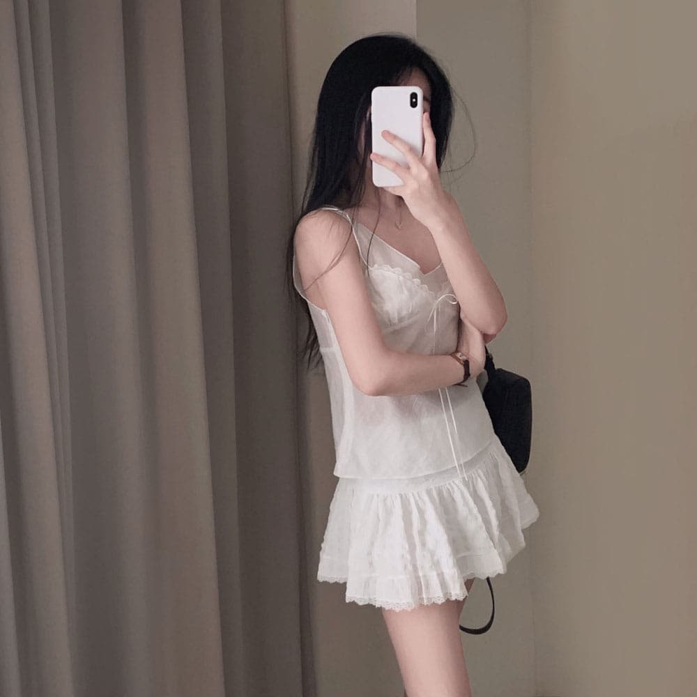재고 있음 한 부서 순수한 욕망 바람 레이스 레이스 캐미솔 프랑스식 품격 작은 대중 빛 ~을 통해 레이스업 페이크 레이어드 상세 이미지 12
