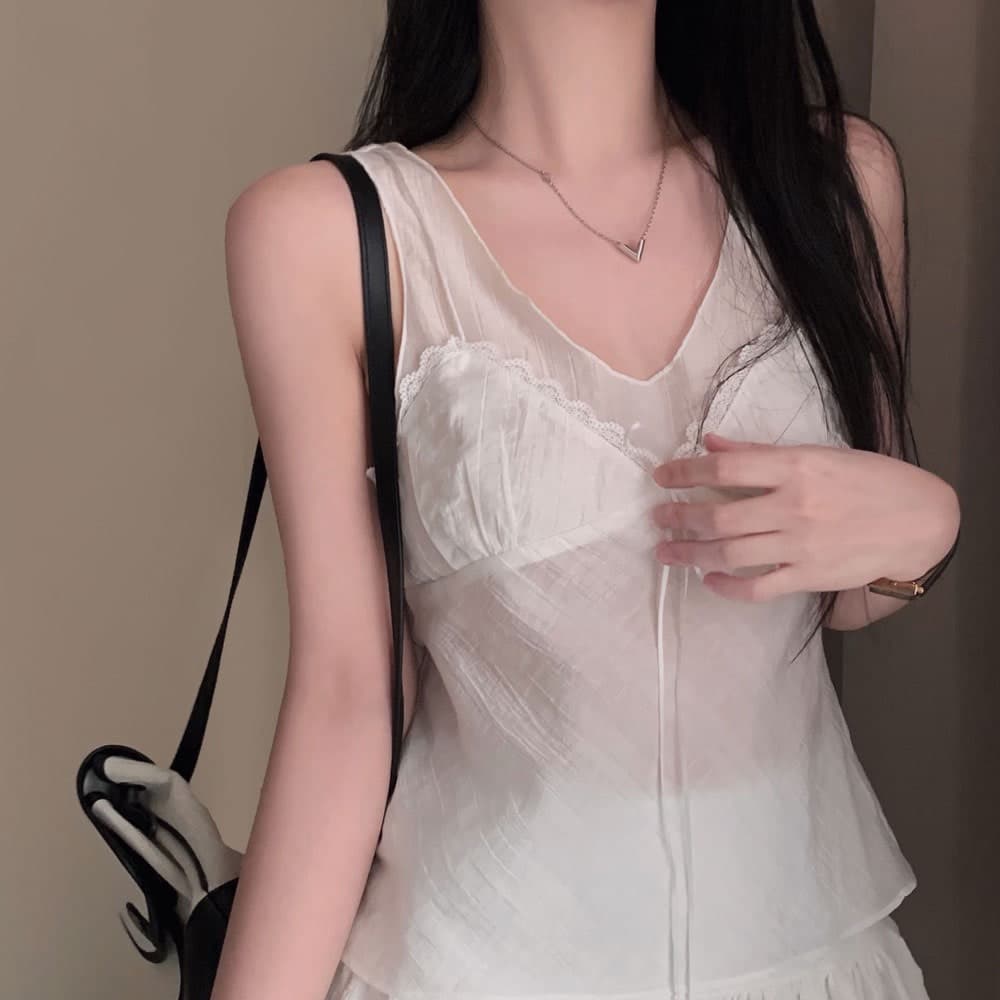 재고 있음 한 부서 순수한 욕망 바람 레이스 레이스 캐미솔 프랑스식 품격 작은 대중 빛 ~을 통해 레이스업 페이크 레이어드 상세 이미지 15