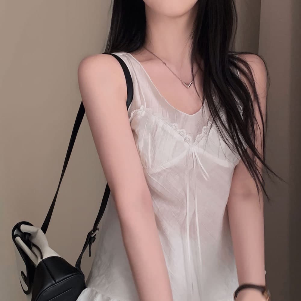 재고 있음 한 부서 순수한 욕망 바람 레이스 레이스 캐미솔 프랑스식 품격 작은 대중 빛 ~을 통해 레이스업 페이크 레이어드 상세 이미지 16