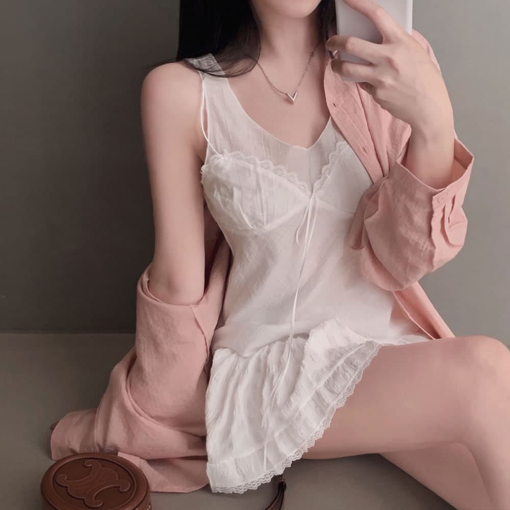 재고 있음 한 부서 순수한 욕망 바람 레이스 레이스 캐미솔 프랑스식 품격 작은 대중 빛 ~을 통해 레이스업 페이크 레이어드 상세 이미지 18