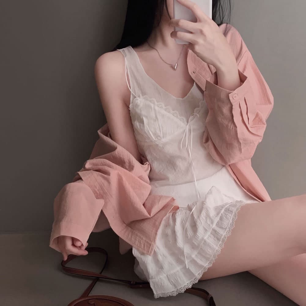 재고 있음 한 부서 순수한 욕망 바람 레이스 레이스 캐미솔 프랑스식 품격 작은 대중 빛 ~을 통해 레이스업 페이크 레이어드 상세 이미지 19