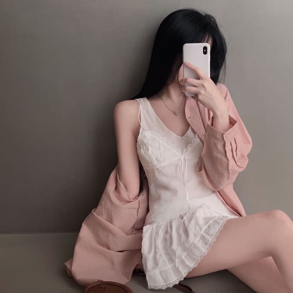 재고 있음 한 부서 순수한 욕망 바람 레이스 레이스 캐미솔 프랑스식 품격 작은 대중 빛 ~을 통해 레이스업 페이크 레이어드 상세 이미지 20