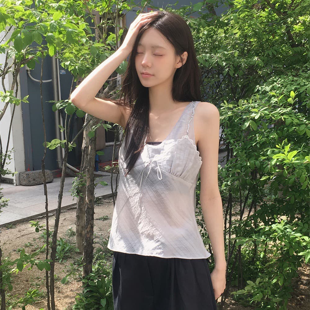 재고 있음 한 부서 순수한 욕망 바람 레이스 레이스 캐미솔 프랑스식 품격 작은 대중 빛 ~을 통해 레이스업 페이크 레이어드 상세 이미지 22