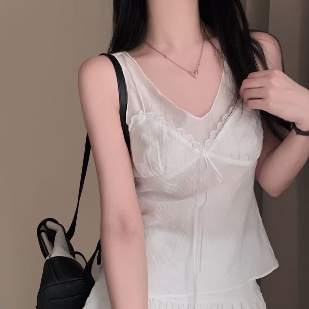 재고 있음 한 부서 순수한 욕망 바람 레이스 레이스 캐미솔 프랑스식 품격 작은 대중 빛 ~을 통해 레이스업 페이크 레이어드 상세 이미지 25
