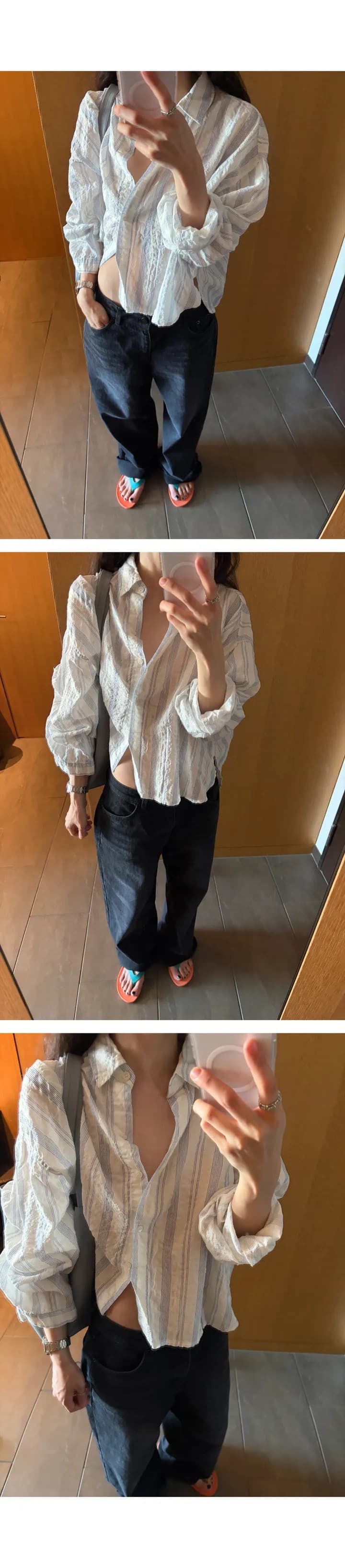 재고 있음 chic 캐주얼 바람 상쾌 스트라이프 출퇴근 다용도 루즈핏 자외선 차단 셔츠 상세 이미지 9