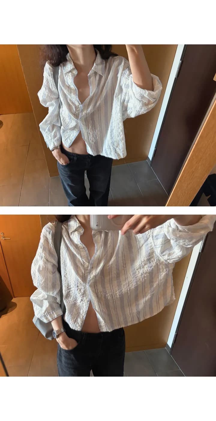 재고 있음 chic 캐주얼 바람 상쾌 스트라이프 출퇴근 다용도 루즈핏 자외선 차단 셔츠 상세 이미지 11