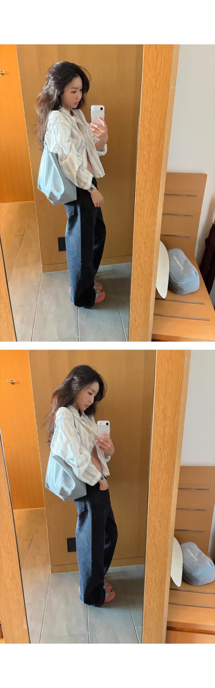 재고 있음 chic 캐주얼 바람 상쾌 스트라이프 출퇴근 다용도 루즈핏 자외선 차단 셔츠 상세 이미지 13