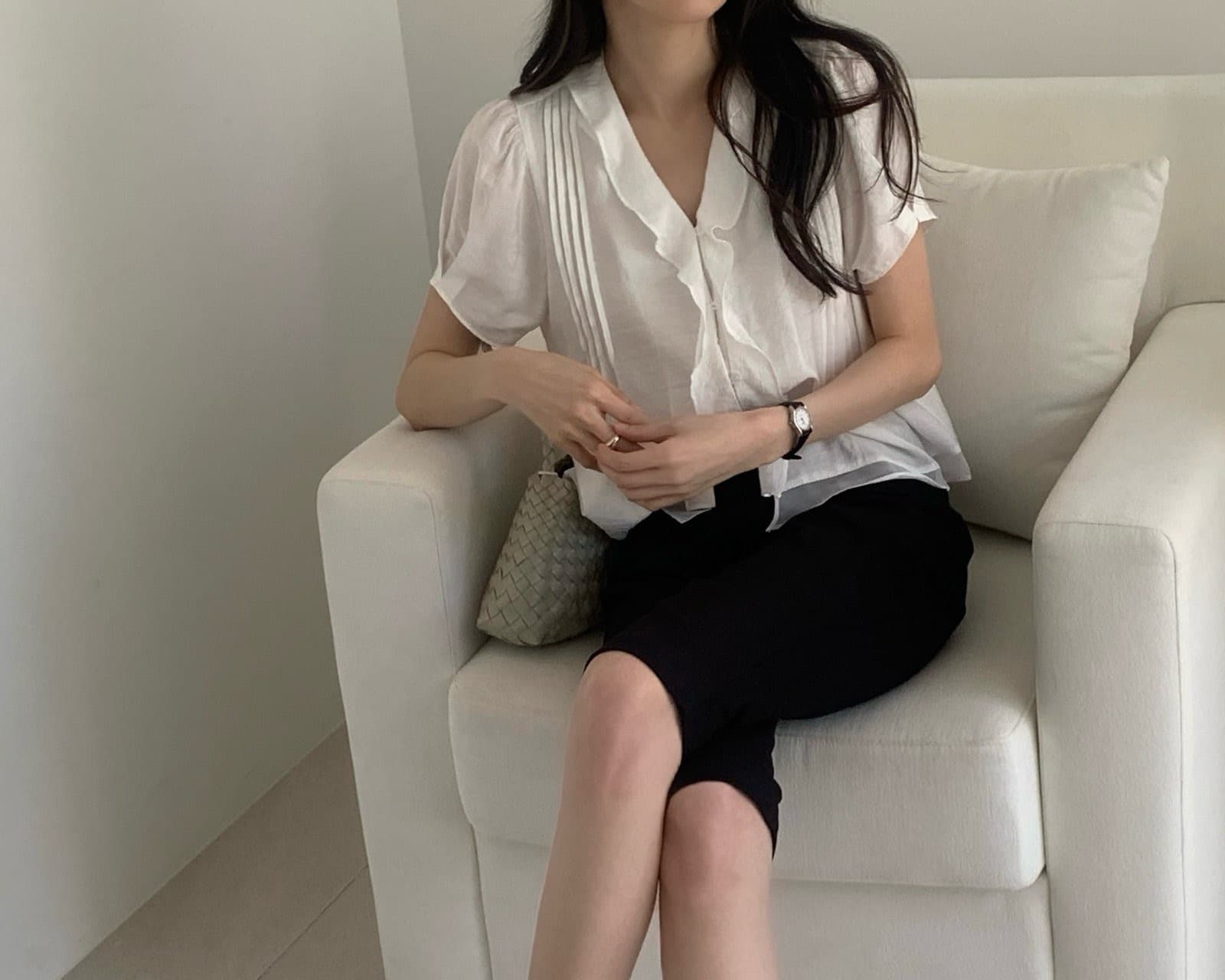 chic 한국 스타일 프릴 반팔 싱글 줄 버튼 페이크 레이어드 셔츠 상세 이미지 5