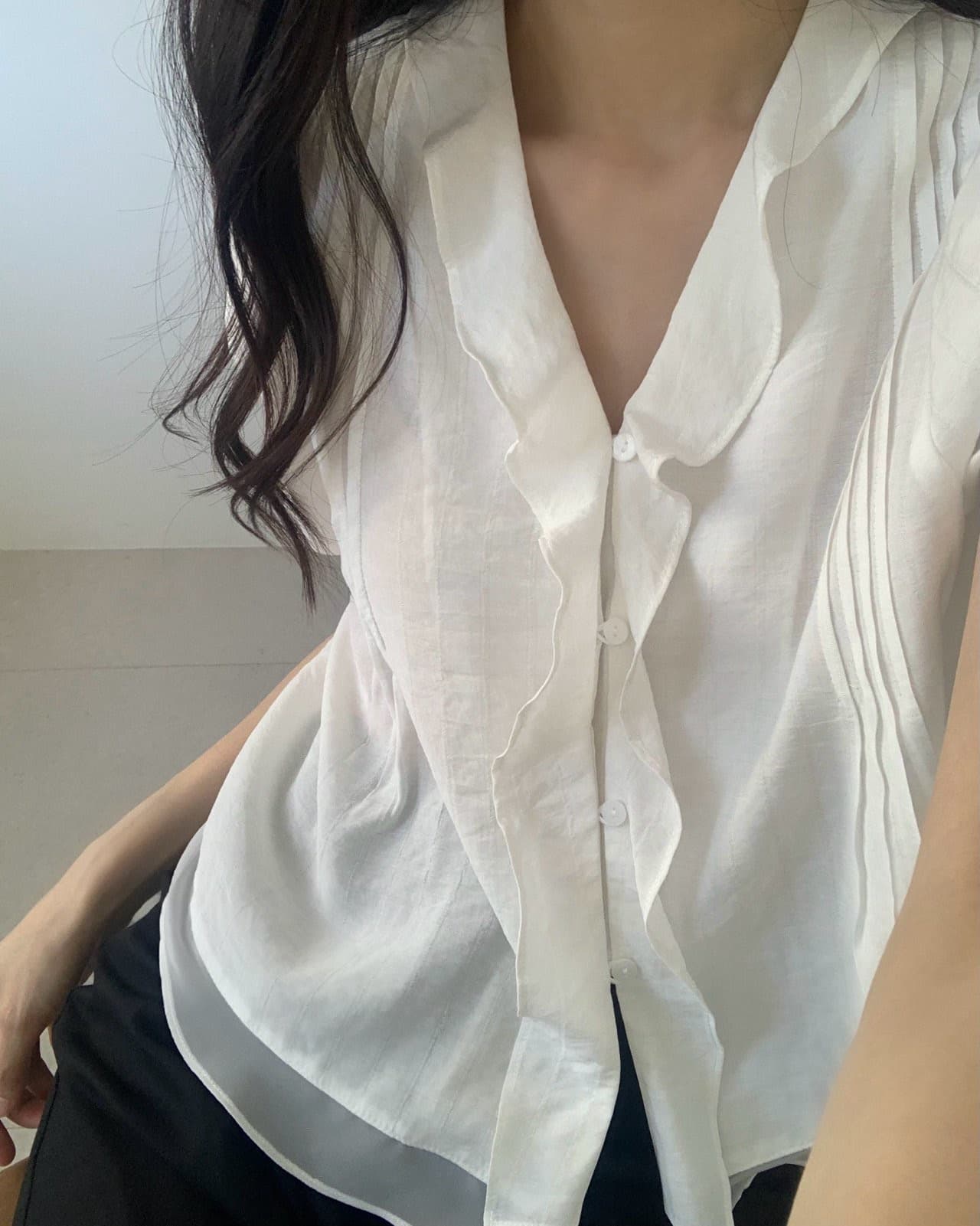 chic 한국 스타일 프릴 반팔 싱글 줄 버튼 페이크 레이어드 셔츠 상세 이미지 7