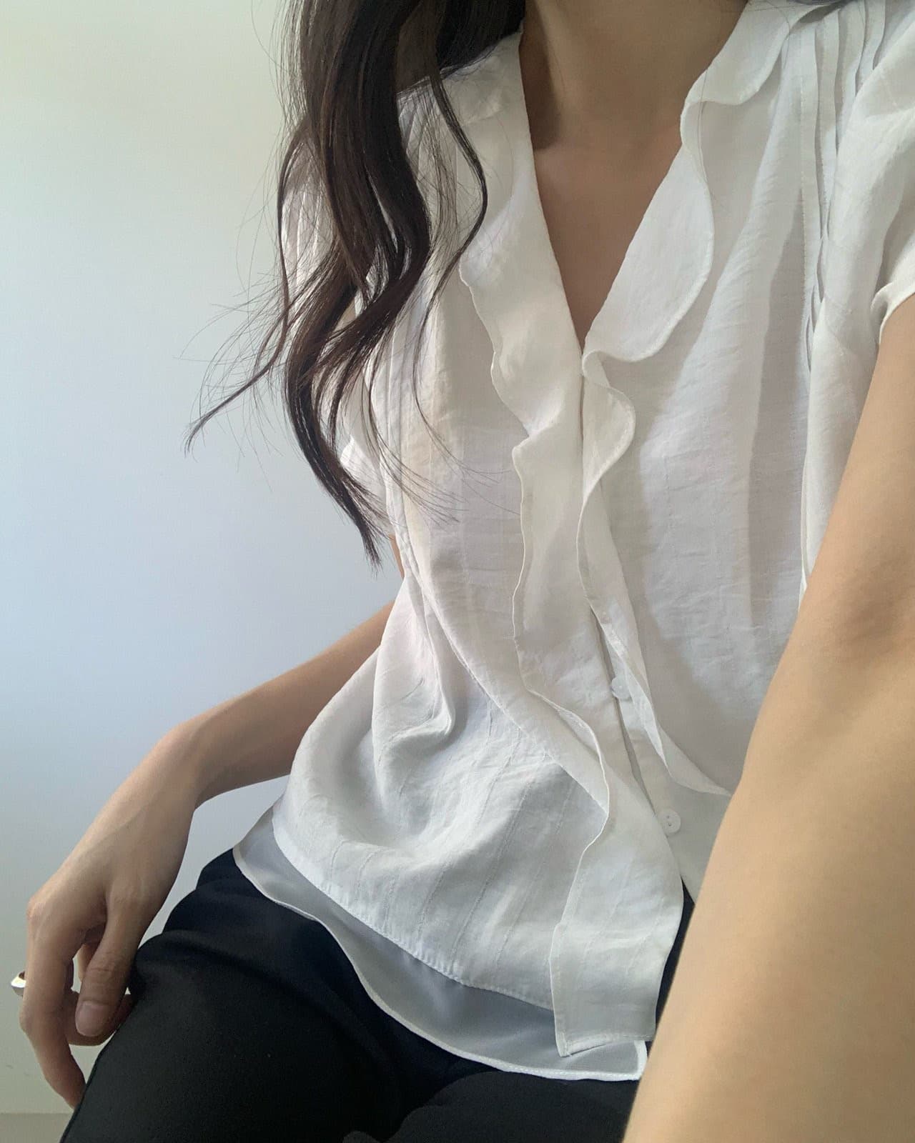 chic 한국 스타일 프릴 반팔 싱글 줄 버튼 페이크 레이어드 셔츠 상세 이미지 8