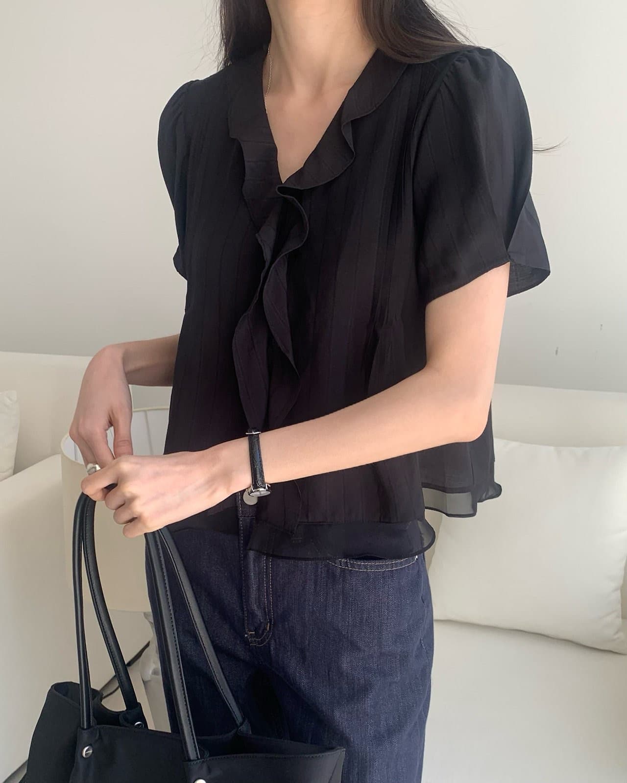 chic 한국 스타일 프릴 반팔 싱글 줄 버튼 페이크 레이어드 셔츠 상세 이미지 19