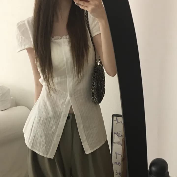 재고 있음 한국 chic 품격 미니멀리즘 광장 칼라 레이스업 허리 수축 셔츠 이미지 2