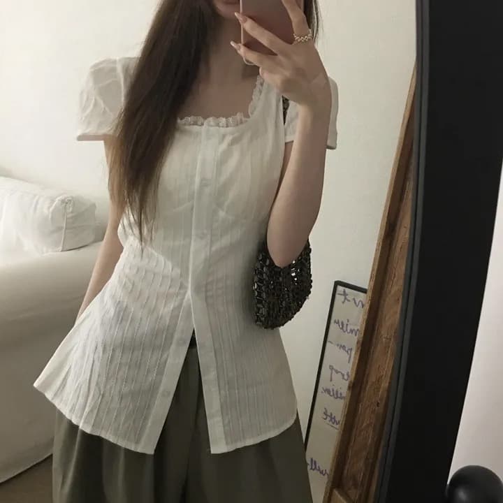 재고 있음 한국 chic 품격 미니멀리즘 광장 칼라 레이스업 허리 수축 셔츠