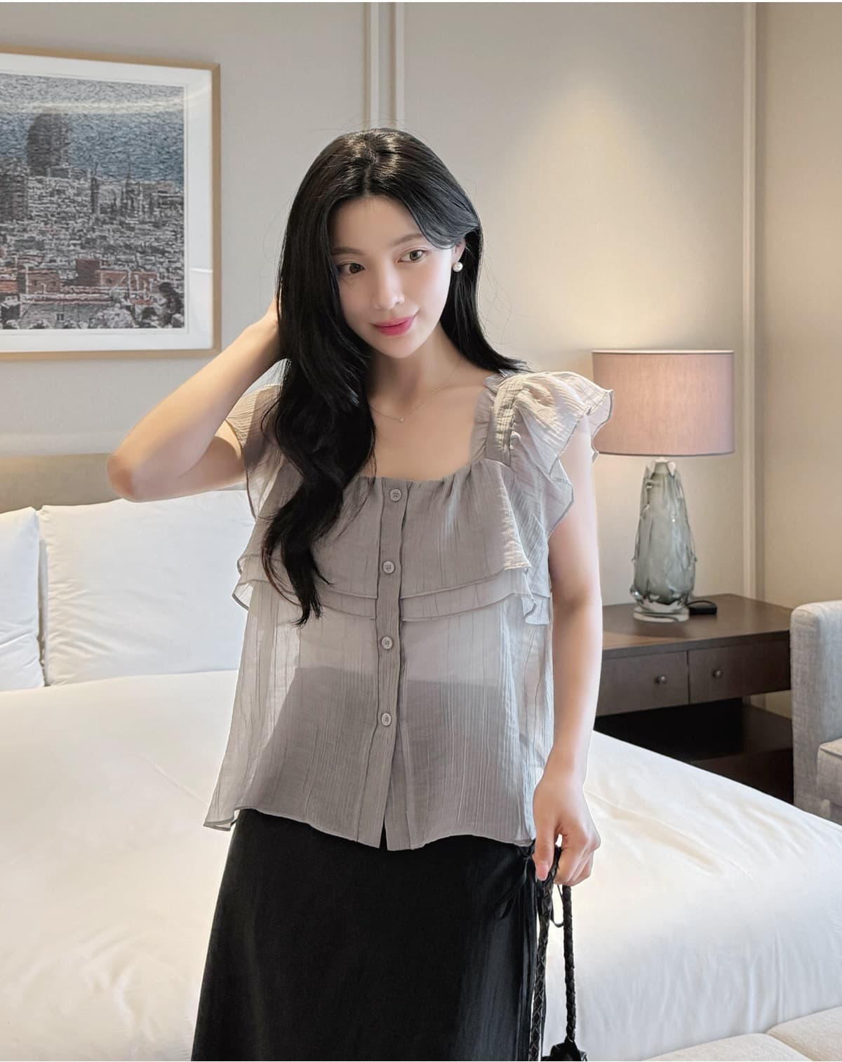 재고 있음 chic 한국 스타일 마이크로 ~을 통해 슬립 싱글 줄 버튼 셔츠 상세 이미지 8