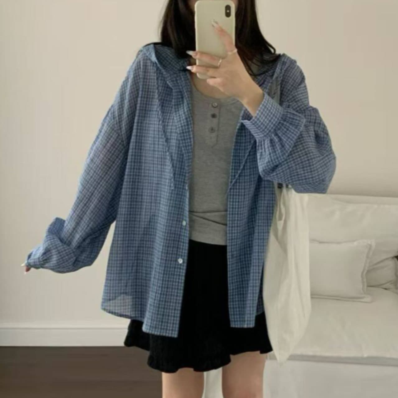 재고 있음 26 여름 새로운 느긋한 다용도 후드 체크무늬 자외선 차단 셔츠 이미지 2
