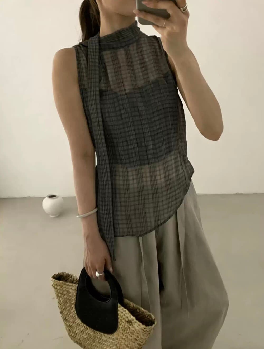 chic 한국 스타일 주름 불규칙 체크무늬 레이스 업 셔츠 상세 이미지 2