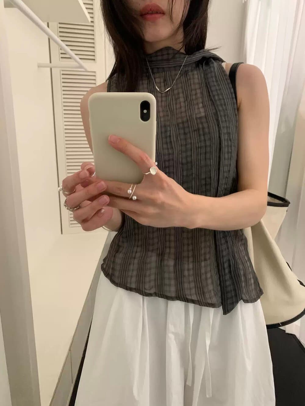 chic 한국 스타일 주름 불규칙 체크무늬 레이스 업 셔츠 상세 이미지 5